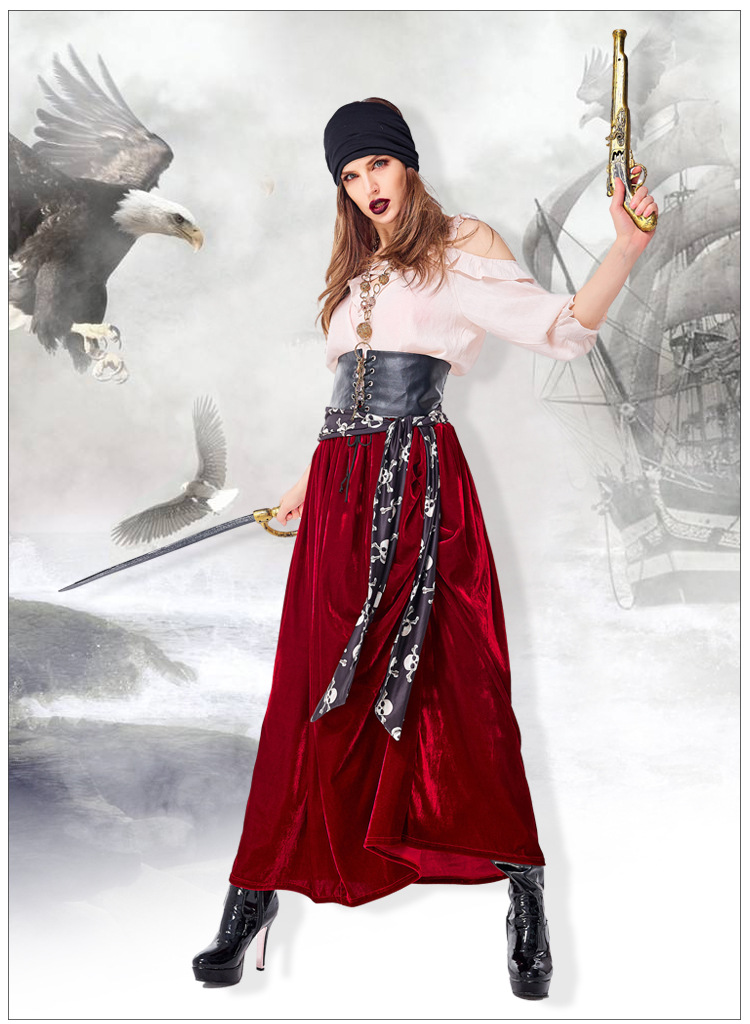 Women Caribbean Pirates Captain Costume Halloween Cosplay Suit Medoeval Gothic
